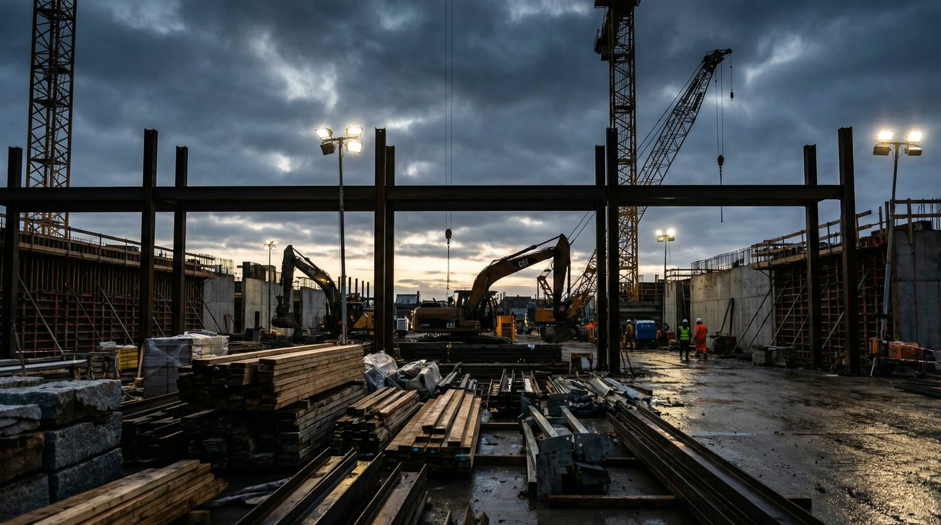 Photo après des travaux montrant le complexe commercial achevé avec façade en verre et acier