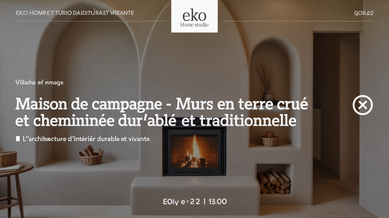 Maison de campagne avec murs en terre crue, cheminée traditionnelle et mobilier en bois massif