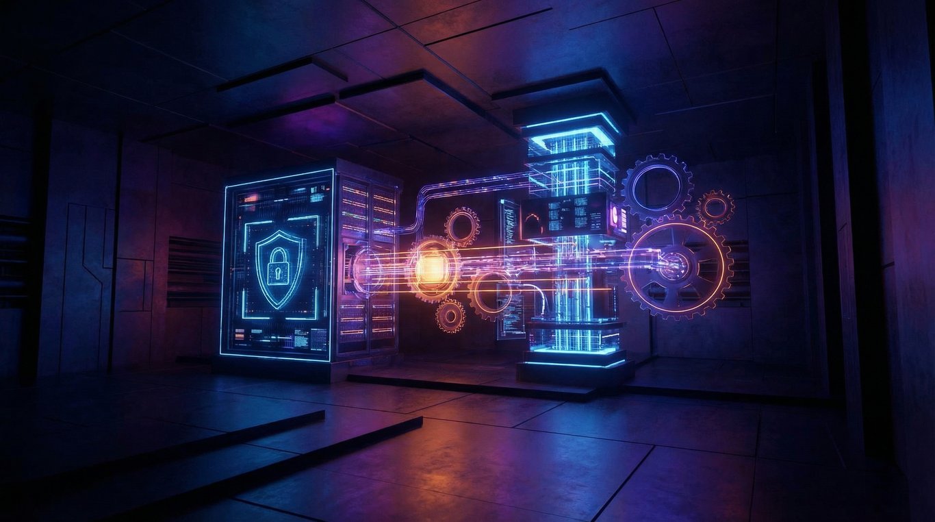 Gros plan sur une main robotique manipulant des interfaces holographiques complexes, style high-tech