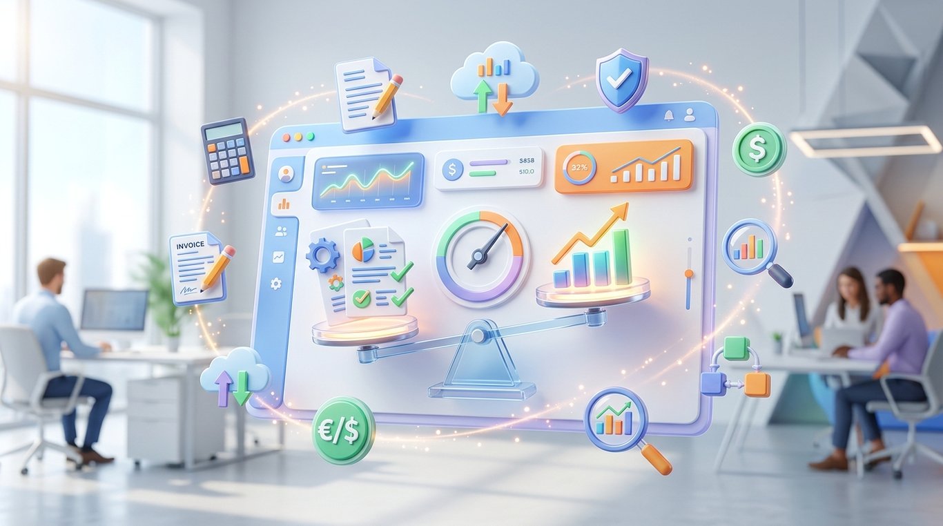 Illustration 3D isométrique moderne illustrant une balance numérique équilibrant un devis et des pièces, au-dessus d'une interface de tableau de bord.