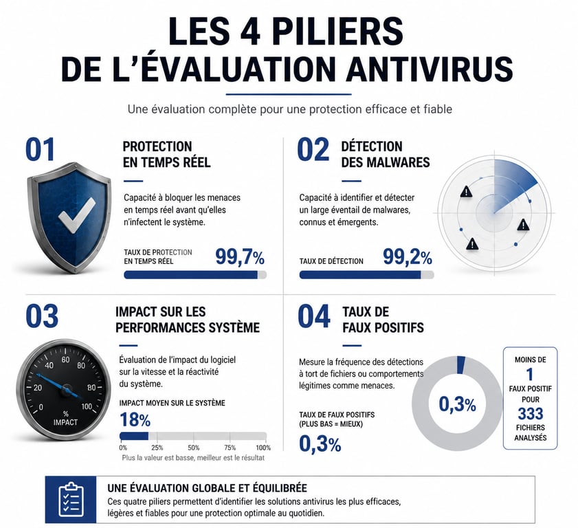 Infographie des critères d'évaluation d'un av comparatives antivirus pour choisir sa protection