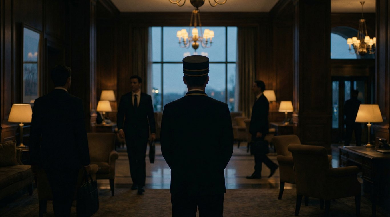 Mains d'un majordome tendant une clé dorée, ambiance luxueuse et floue artistique en arrière-plan