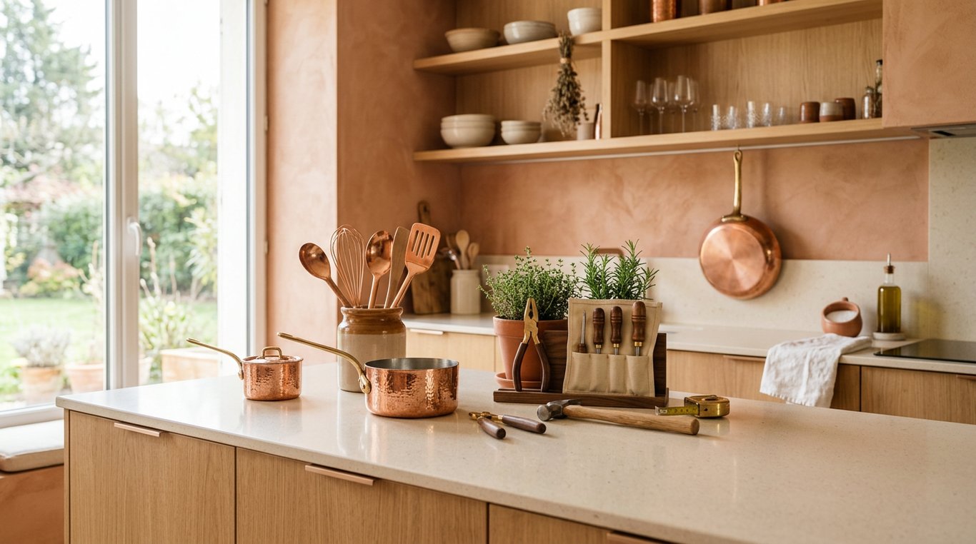 Couple souriant assemblant un meuble en bois clair dans une cuisine lumineuse avec des légumes frais sur l'îlot central