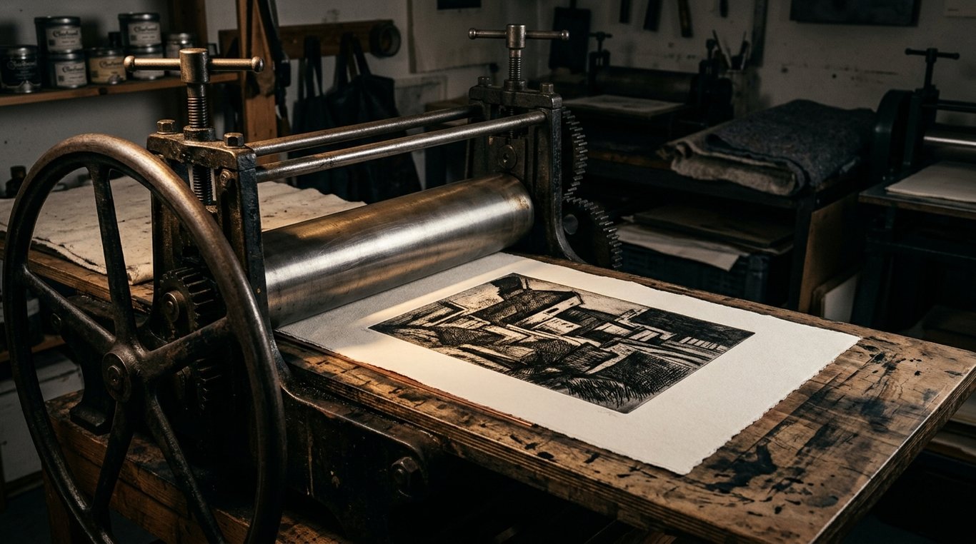 Presse à graver traditionnelle avec estampe fraîchement imprimée