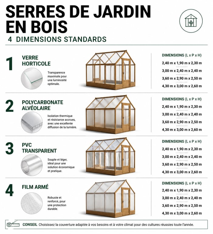 Infographie des dimensions standards pour plan de serre en bois