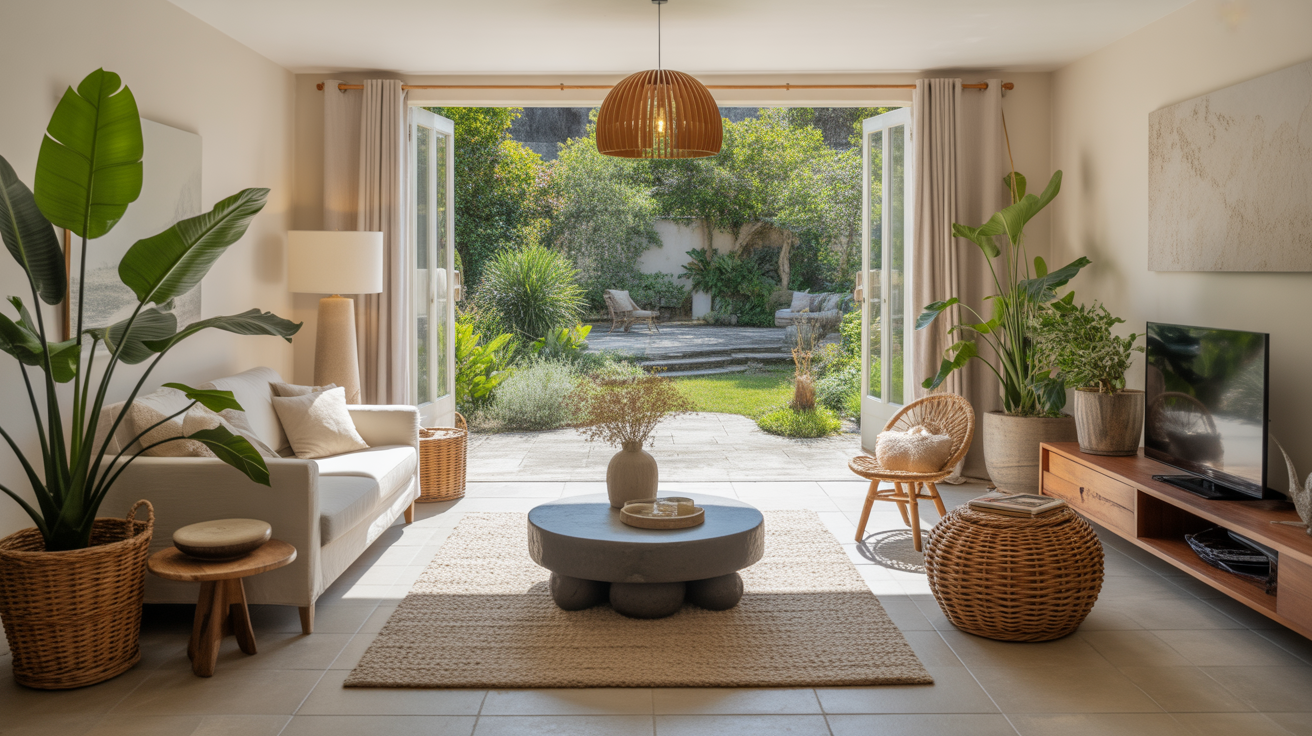 Salon lumineux style slow living avec baie vitrée