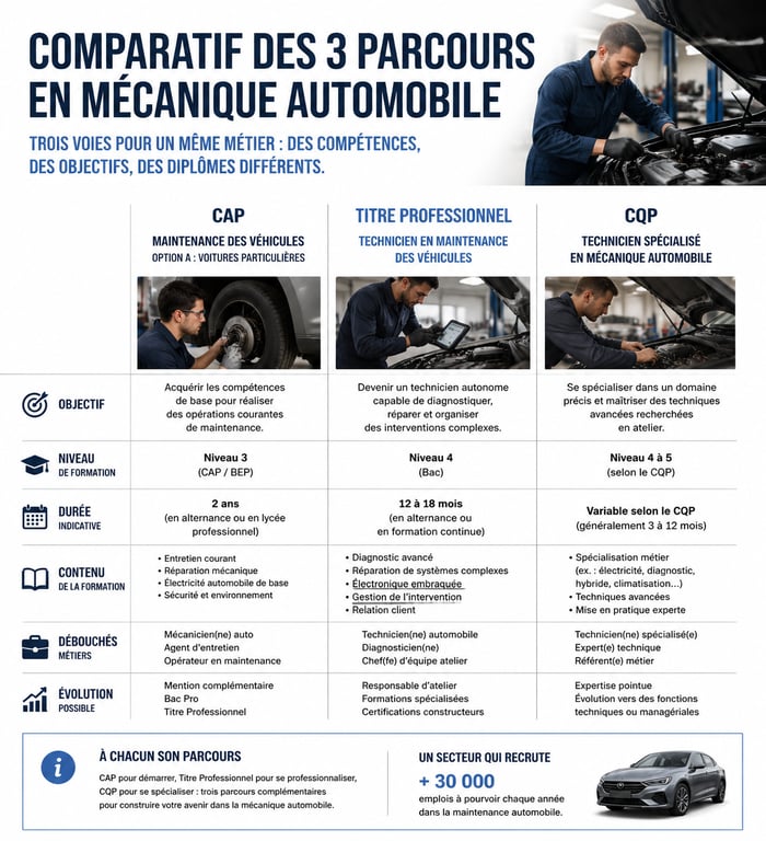 Infographie comparative des formations en mécanique automobile pour adulte : CAP, Titre Professionnel et CQP