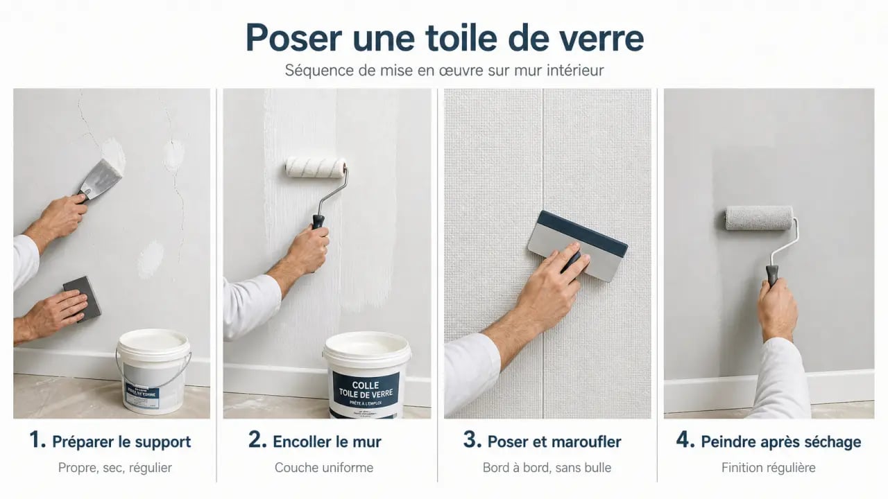 Prix m2 toile de verre : étapes de pose et finition sur un mur intérieur