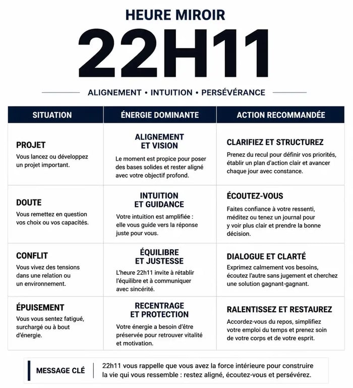 Tableau récapitulatif des significations et conseils pratiques pour l'heure miroir 22h11 en numérologie et spiritualité