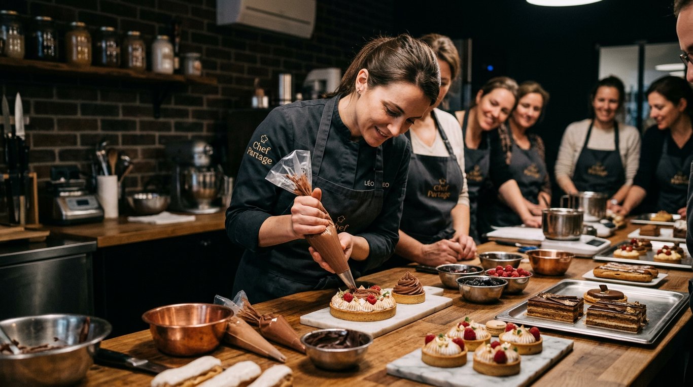 Chef pâtissière enseignant la décoration d’un gâteau élégant