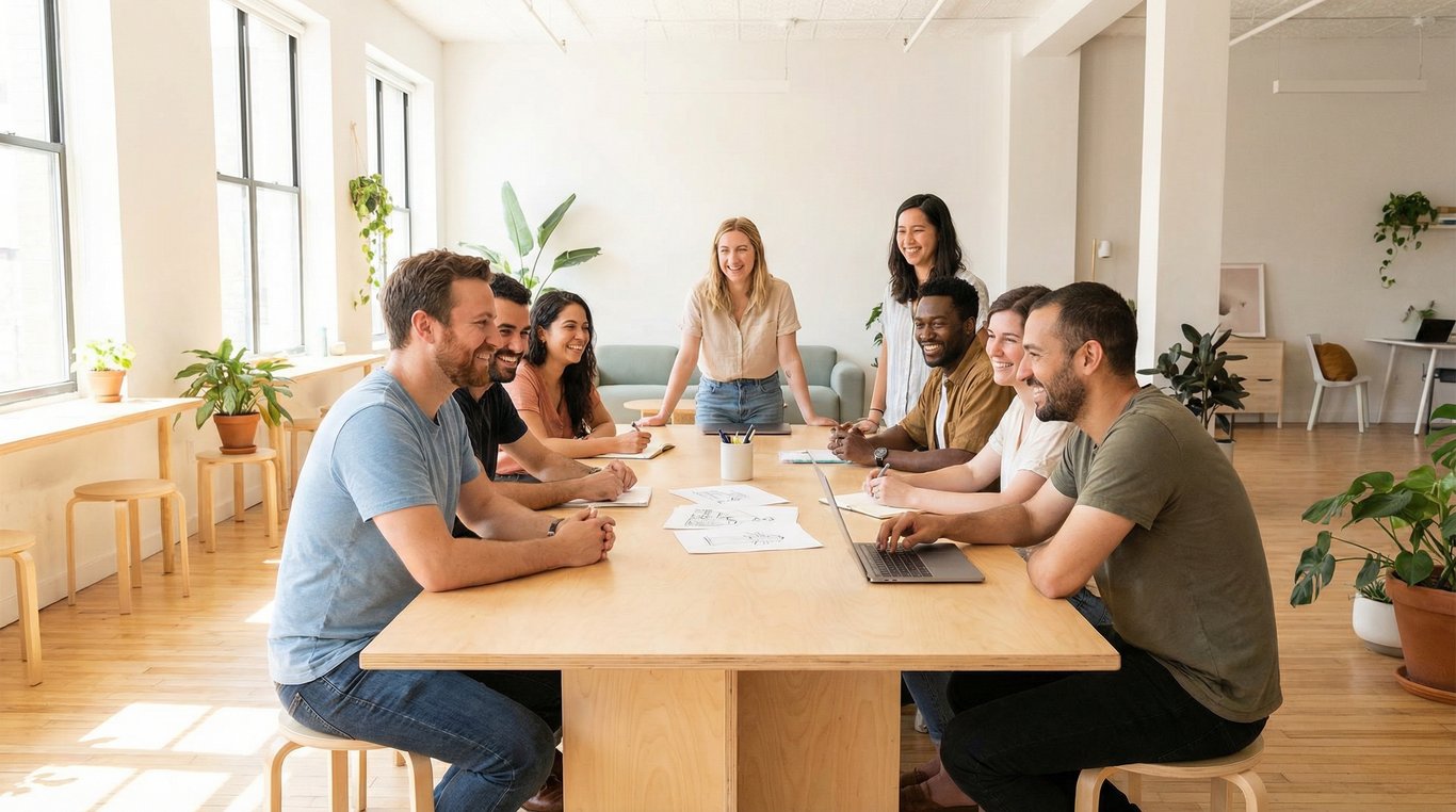 Portrait d'équipe professionnel en studio, éclairage doux, tenue business casual, fond neutre