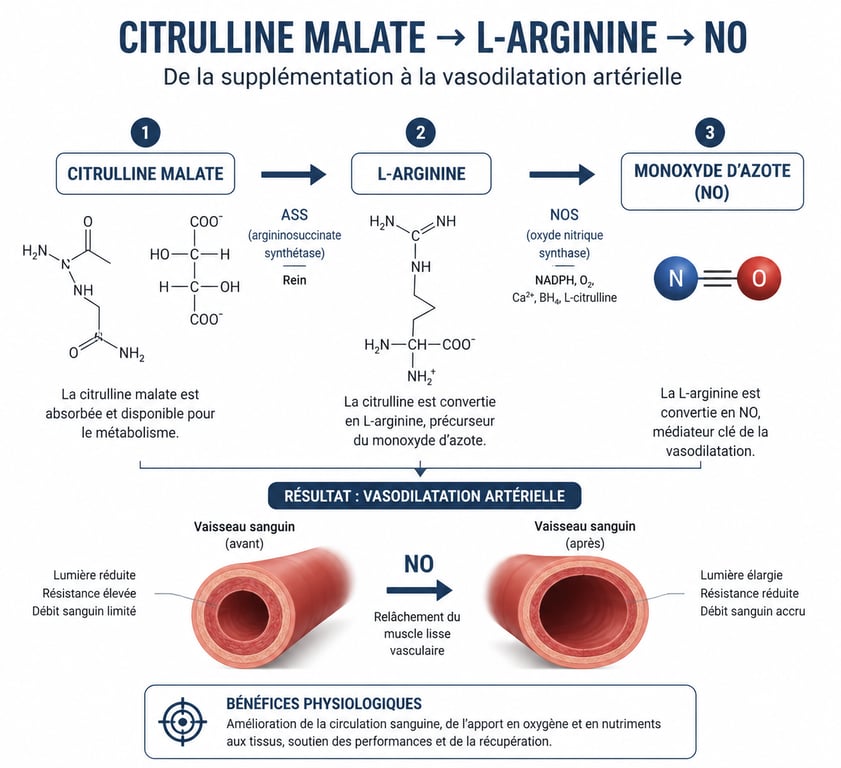 Schéma du mécanisme d'action de la citrulline malate pour l'érection et la circulation sanguine