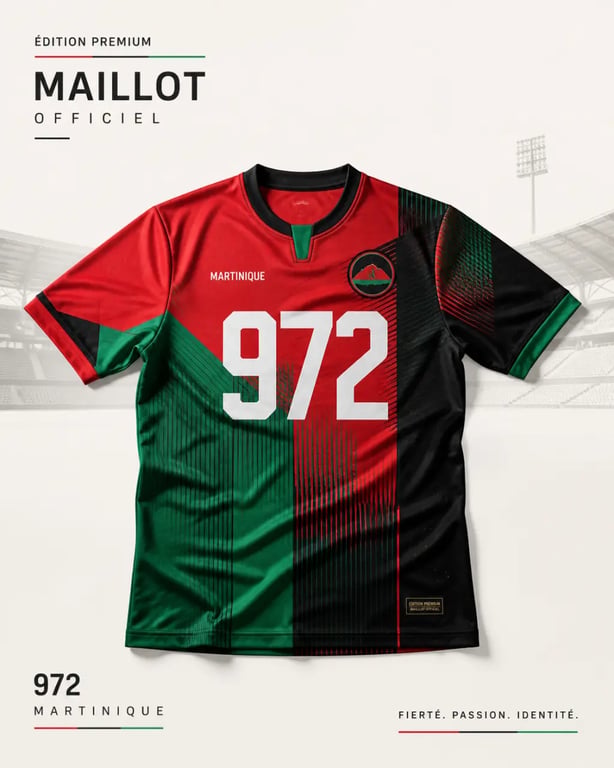 Maillot foot Martinique éditorial aux couleurs rouge, vert et noir avec marquage 972