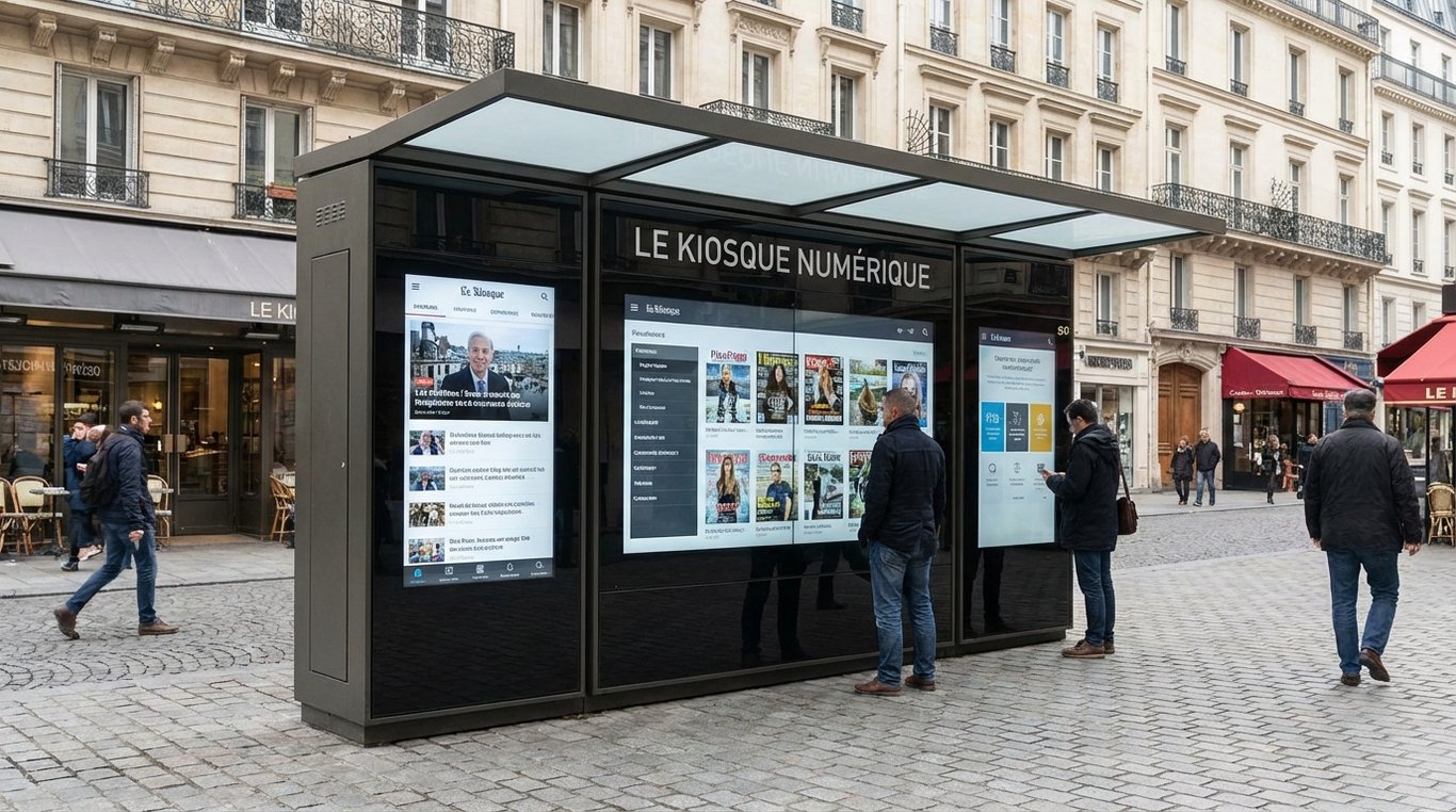 Couverture du Kiosque Numérique Panorama Europe, pile de magazines d'art sur une table blanche avec éclairage studio zénithal et design géométrique
