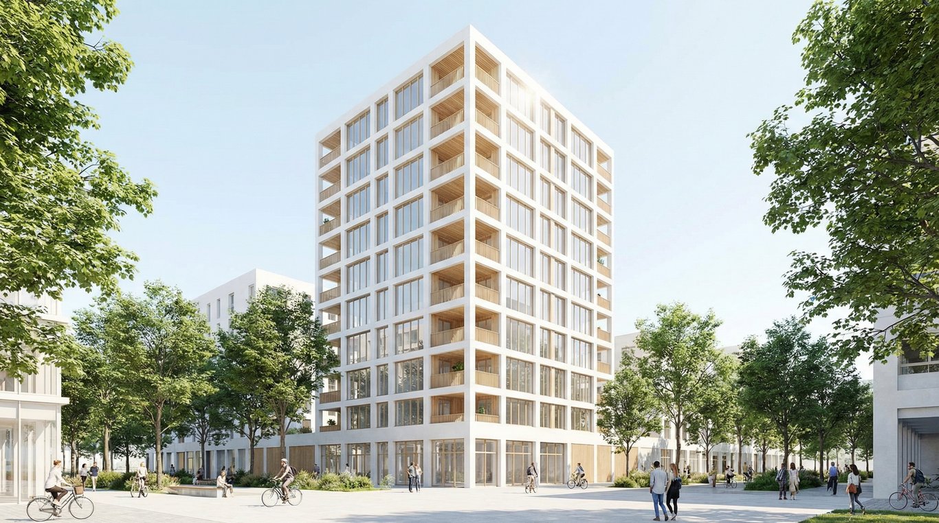 Façade d'immeuble urbain rénovée à Lyon Part-Dieu avec ciel bleu clair