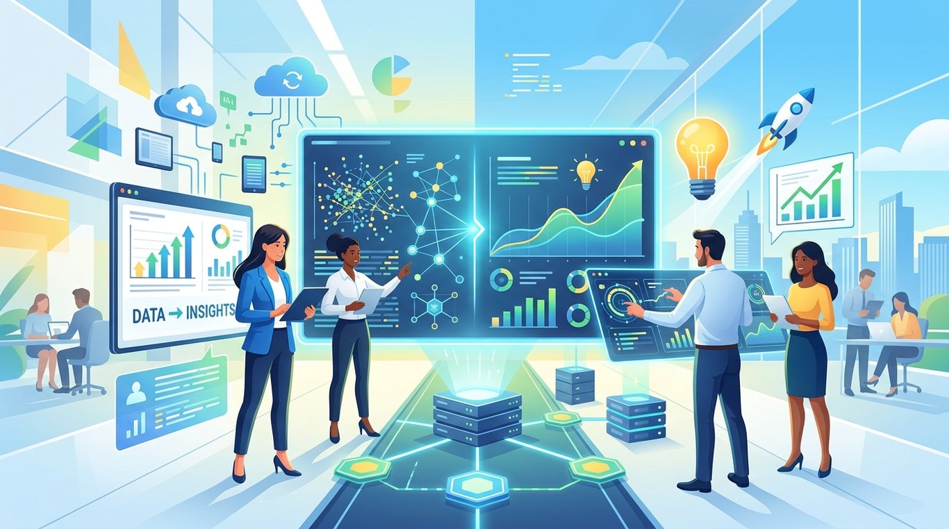 Illustration isométrique d'un tableau de bord financier généré rapidement dans un chronomètre stylisé, avec graphiques ascendants et validations vertes.