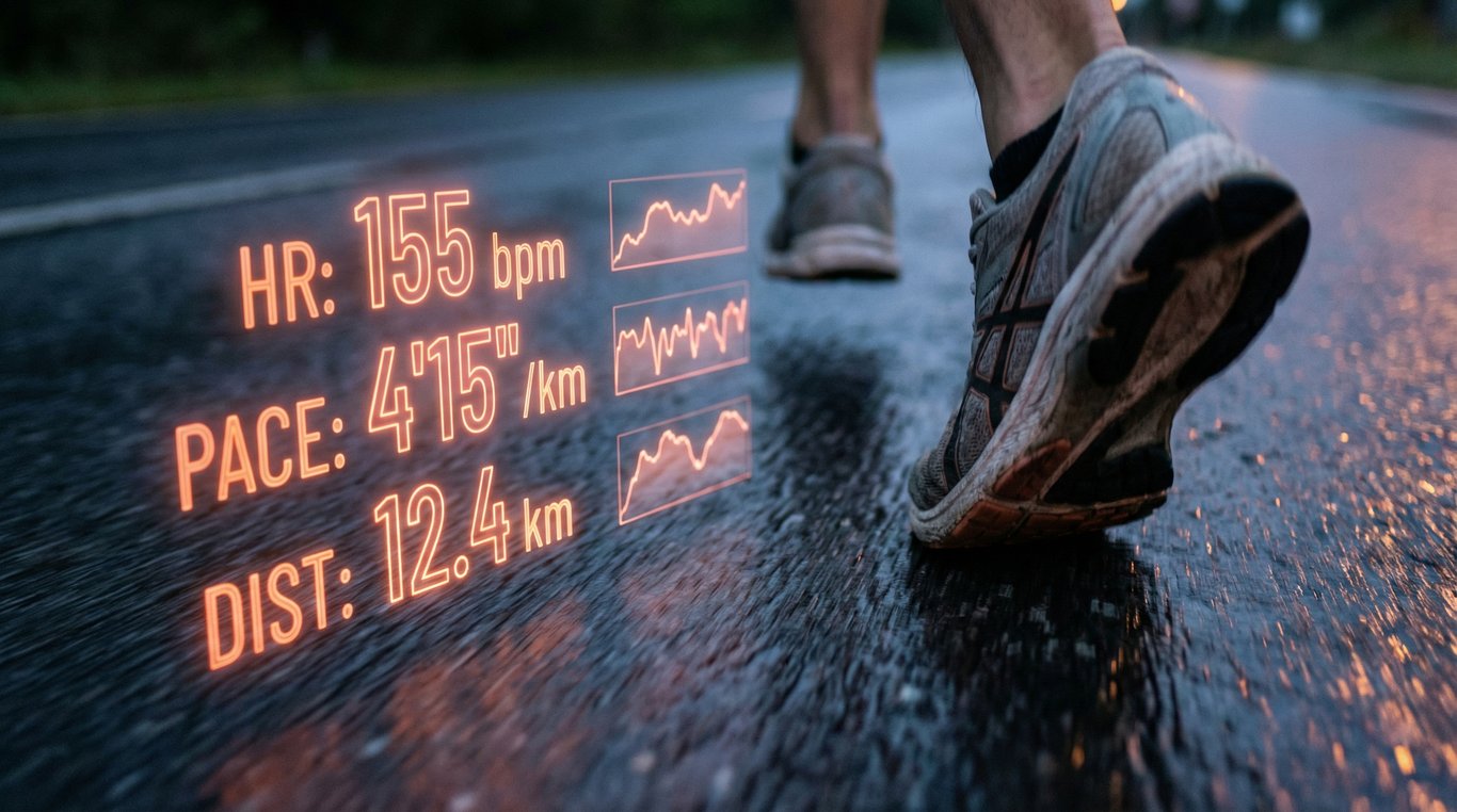 Coureur en action avec statistiques digitales