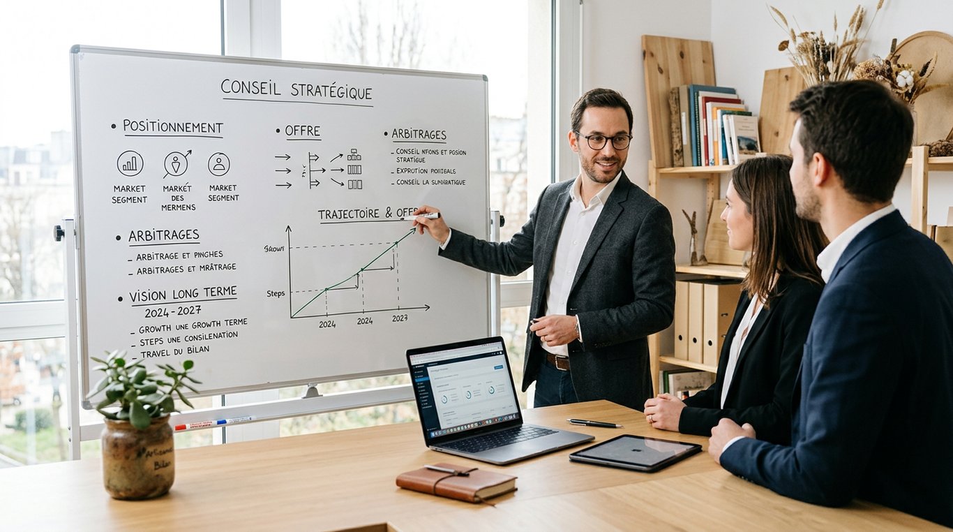 Portrait fictif de Julien, conseil stratégique, annotant un plan