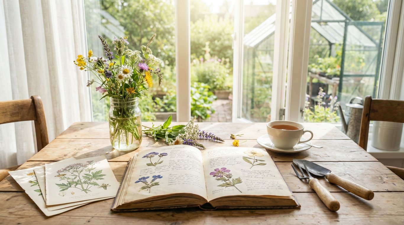 Carnet ouvert avec croquis botaniques, tasse de tisane fumante et plant de verveine en pot