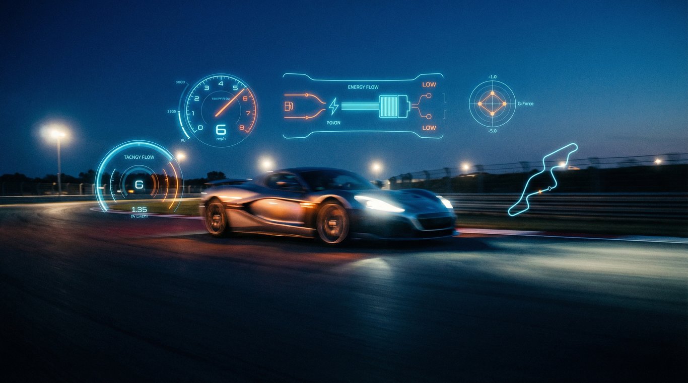 Véhicule moderne en mouvement sur piste avec interface numérique