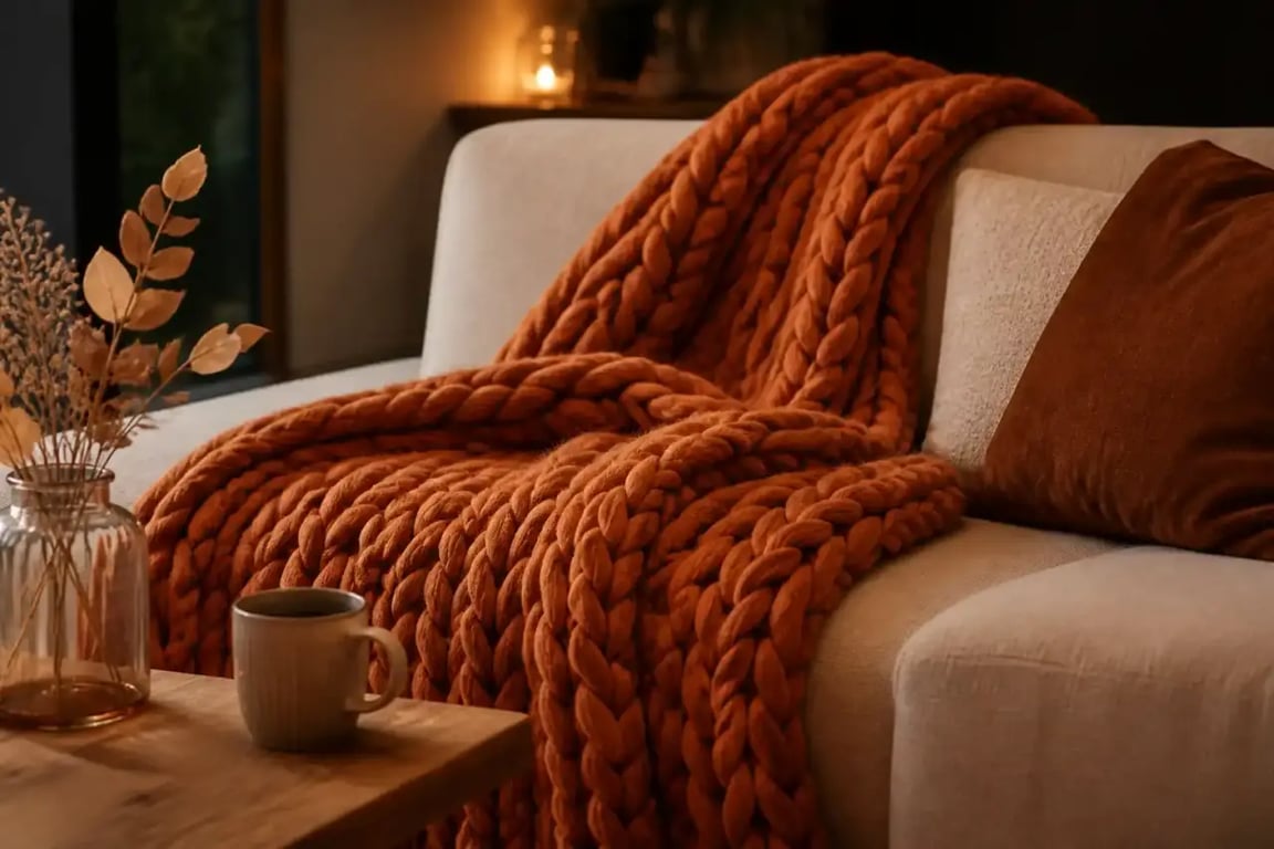 Plaid en grosse maille mérinos couleur terracotta