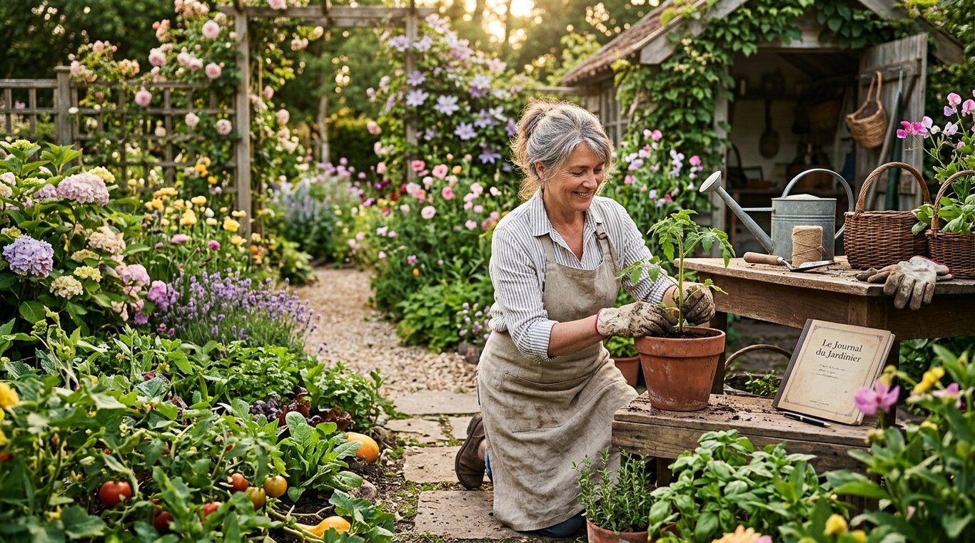 Un jardin naturel chaleureux à l’heure dorée, propice à l’observation et aux gestes doux du jardinier.