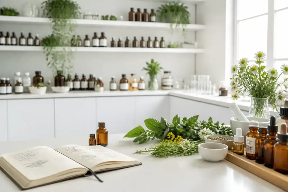 Espace de travail de pharmacie moderne, flacons de verre ambré, plantes médicinales fraîches et carnet de notes médical ouvert