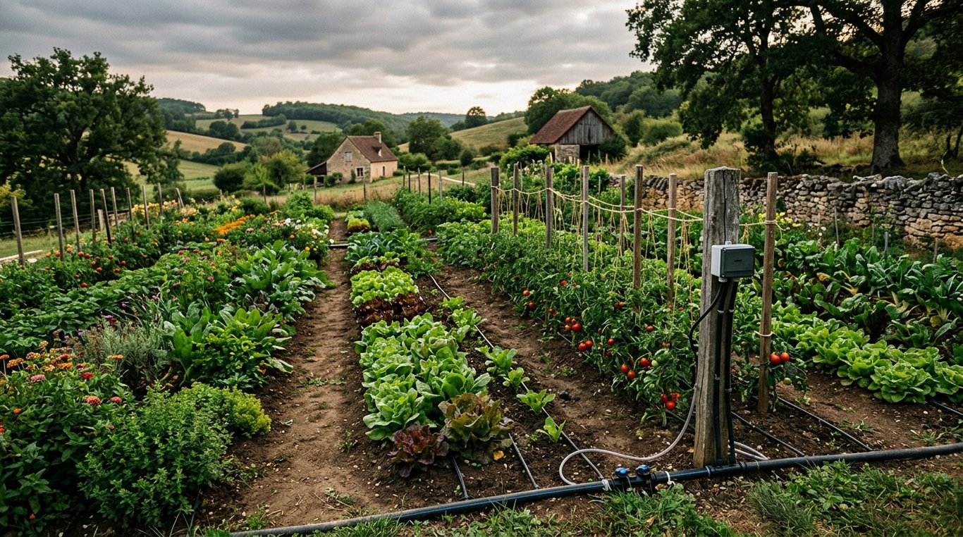 Micro-ferme avec serres et bacs de culture aménagés