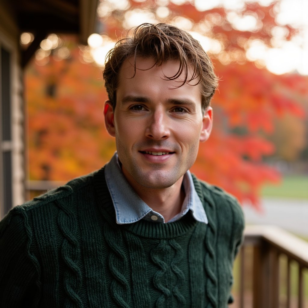 Highly realistic, highly detailed HDR head-and-shoulders portrait of a middle-aged Caucasian man (male, about 45 years old) standing outside on a rustic wooden porch with fall foliage behind. Camera angle straight-on at eye level. He is wearing a deep forest-green cable-knit sweater over a light chambray shirt (collar slightly visible), his hair is salt-and-pepper, neatly combed back; short beard trimmed. The evening golden hour sunlight filters through orange and red maple leaves behind him, casting warm rim light on his right shoulder and hair. Background softly blurred (shallow depth of field) showing the wooden porch rail and a hint of maple branches but no clutter. His expression is reflective but content — slight smile, crow’s-feet visible, skin texture detailed with natural pores and light stubble. The sweater fabric shows the cable-knit pattern in sharp detail, the chambray shirt faint texture visible. Light wind gently moves a few loose strands of hair and leaves behind him. Overall tone: autumnal, serene, gratitude.