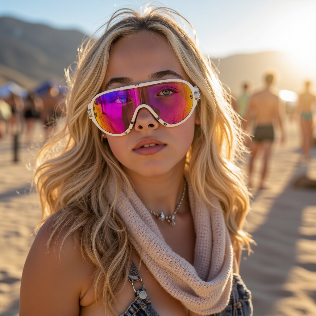 Portrait of a desert festival-goer at Burning Man 2025, reflective goggles, dust-covered scarf, windblown hair, golden hour desert lighting