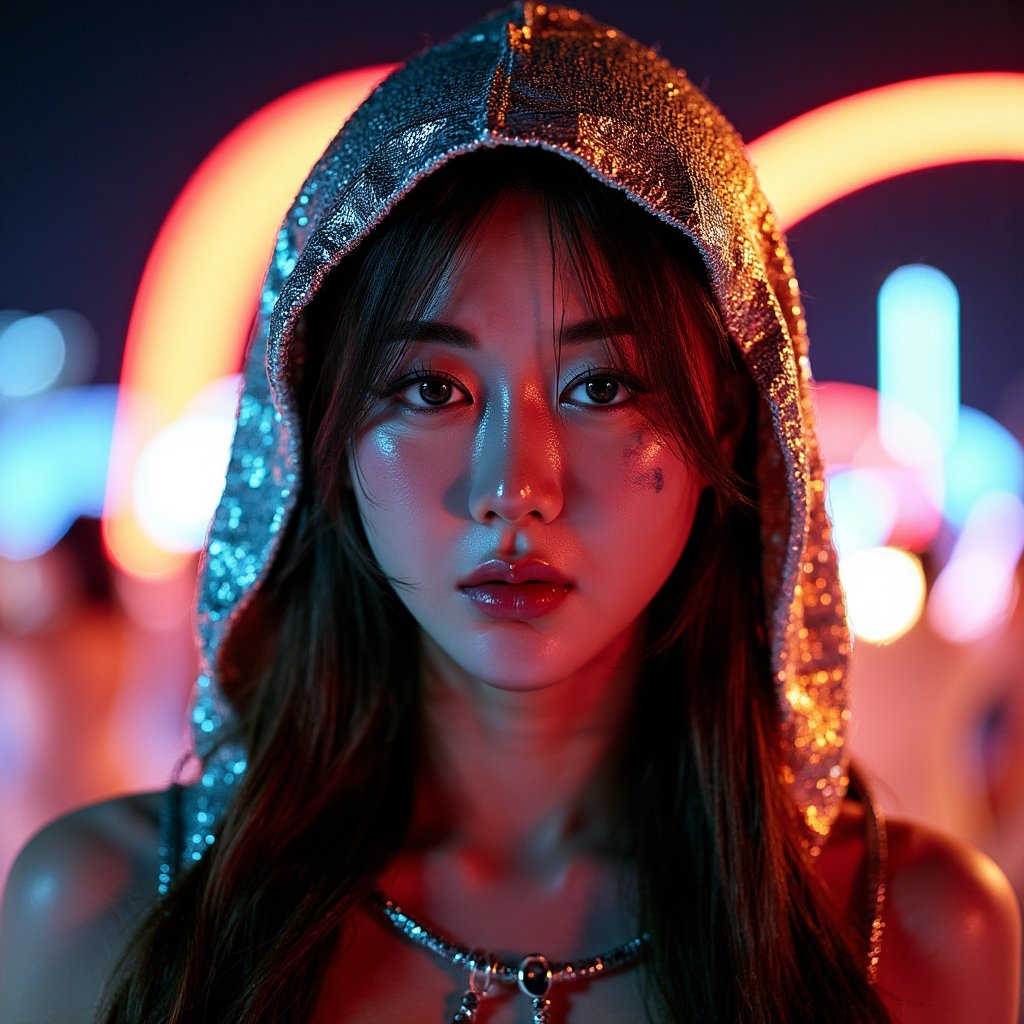 Headshot of a serene woman bathed in neon light, wearing a metallic hood and tribal markings, desert night ambiance, captured at Burning Man 2025