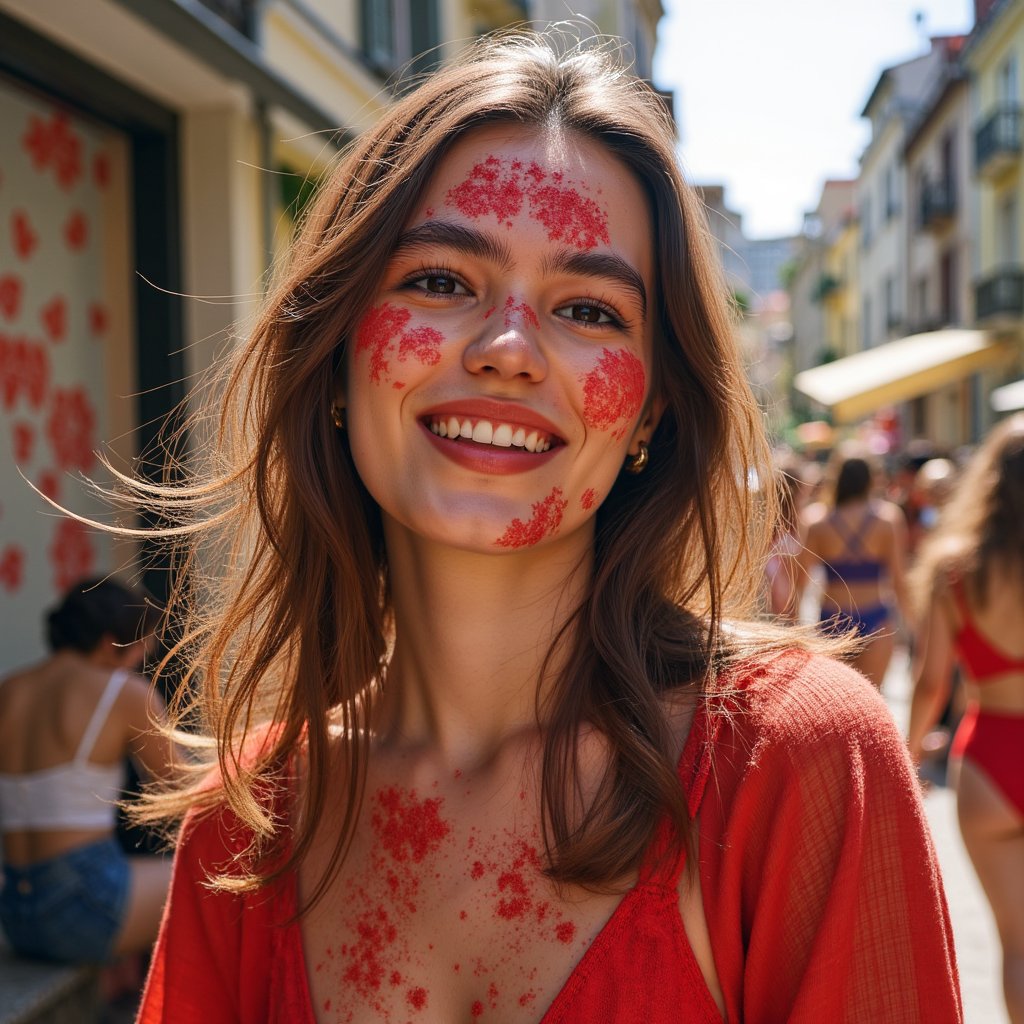woman with a joyful, free-spirited expression, her face and clothing covered in bursts of tomato red. Her presence feels expressive and radiant, with sunlight adding warmth and clarity to every detail. The background is softly blurred, with hints of festive color in the air. Lighting is clean and natural, capturing glistening wet textures and rich saturation. Hyper-detailed, sharp focus, bold colors, lively emotion.