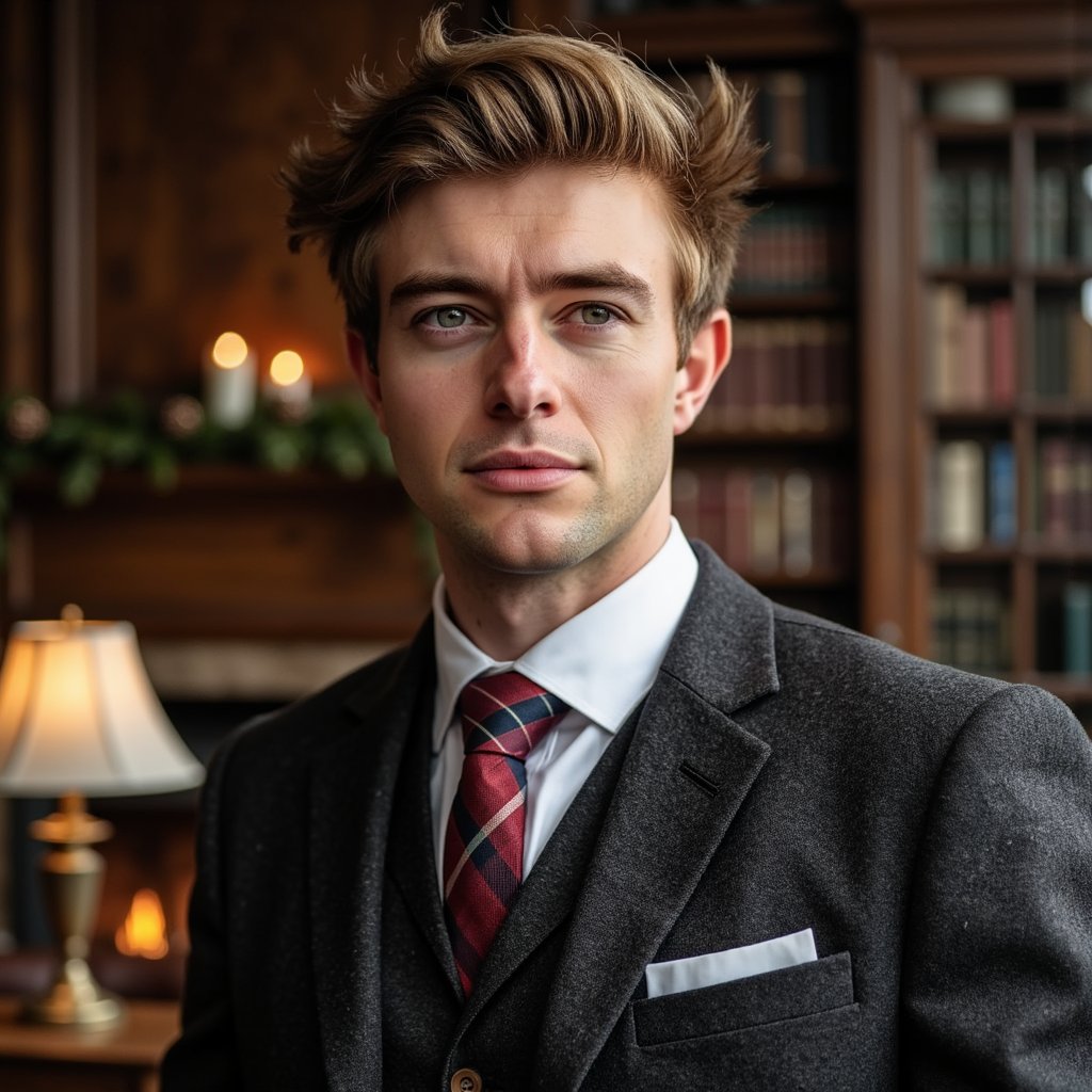 Close-up portrait of a man in an oak-paneled library, ambient light from a brass desk lamp. Hairstyle: side-part, soft wave; clean-shaven. Attire: dark tweed blazer, crisp white shirt, tartan tie. Fabric details: visible herringbone texture, tie weave, cotton thread. Camera: eye-level, 85mm, f/1.6 for gentle blur. Lighting: single tungsten lamp key + low ambient fill. Background: blurred shelves of books, muted garland with pinecones, brass lamp glow. Pose: neutral, composed, looking slightly away. Render: highly detailed, highly realistic, HDR; lifelike reflections in eyes, detailed fabric fibers, warm tonal contrast.