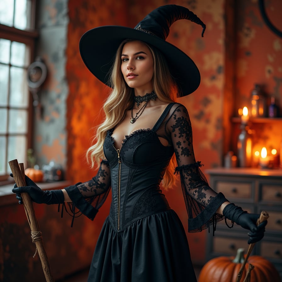 Here are some Stable Diffusion prompts for a woman wearing different Halloween outfits:

* Woman in a Gothic Victorian-inspired Halloween costume, with a long black dress, lace gloves, and a intricate headpiece, standing in a dimly lit, mysterious background with cobwebs and old candles
* Woman dressed as a seductive Vampire, wearing a blood-red corset, fishnet stockings, and a sparkling choker, posing in a dark, eerie setting with fake blood and fangs
* Woman in a sleek and modern Witch's costume, with a black pointed hat, a fitted black dress, and a broomstick accessory, standing in a contemporary background with neon lights and cityscape
* Woman dressed as a Zombie Cheerleader, wearing a torn and tattered cheerleader outfit, with fake blood and wounds, posing in a creepy, abandoned high school setting
* Woman in a Steampunk-inspired Halloween costume, with a intricate top hat, a leather corset, and goggles, standing in a industrial, steam-powered background with clockwork machinery
* Woman dressed as a Greek Goddess, wearing a flowing white toga, laurel wreath, and carrying a torch, posing in a classical, ancient Greek-inspired setting with columns and statues
* Woman in a Retro Pin-up Girl-inspired Halloween costume, with a red and black striped dress, a curly wig, and vintage-style makeup, posing in a colorful, nostalgic background with old-fashioned phones and cameras
* Woman dressed as a Creepy Doll, wearing a porcelain-inspired mask, a floral dress, and a wig, posing in a creepy, abandoned dollhouse setting with old toys and broken furniture
* Woman in a Gothic Fairy-inspired Halloween costume, with a flowing black dress, wings, and a crown, standing in a dark, mystical forest setting with twinkling lights and mist
* Woman dressed as a Mad Scientist, wearing a lab coat, goggles, and a crazy hairdo, posing in a laboratory setting with beakers, test tubes, and electrical equipment.