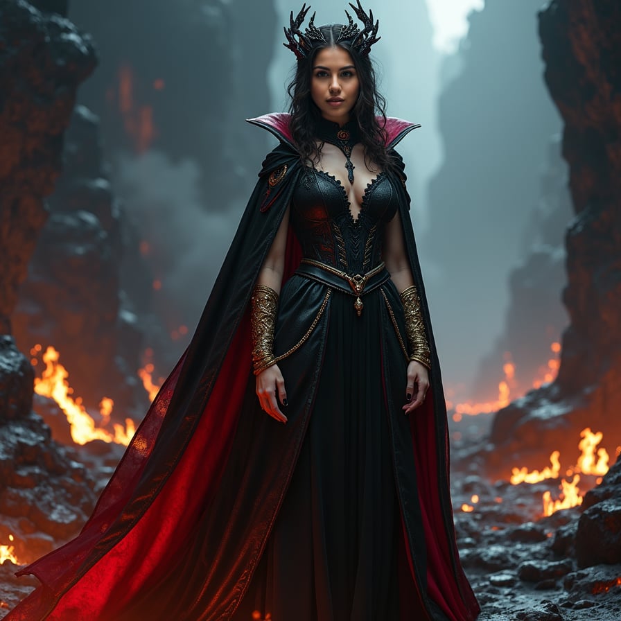 Create a grand scene of a vampire goddess standing in a fiery underworld, surrounded by rivers of lava and jagged rocks. She has an ethereal beauty, with eyes that burn like embers and a crown made of twisted black metal. Her flowing black and red gown appears to be made of smoke and flame, and her arms are adorned with ancient-looking golden bracelets. The atmosphere is intense and majestic, with flames reflecting off her skin, creating a powerful and awe-inspiring presence