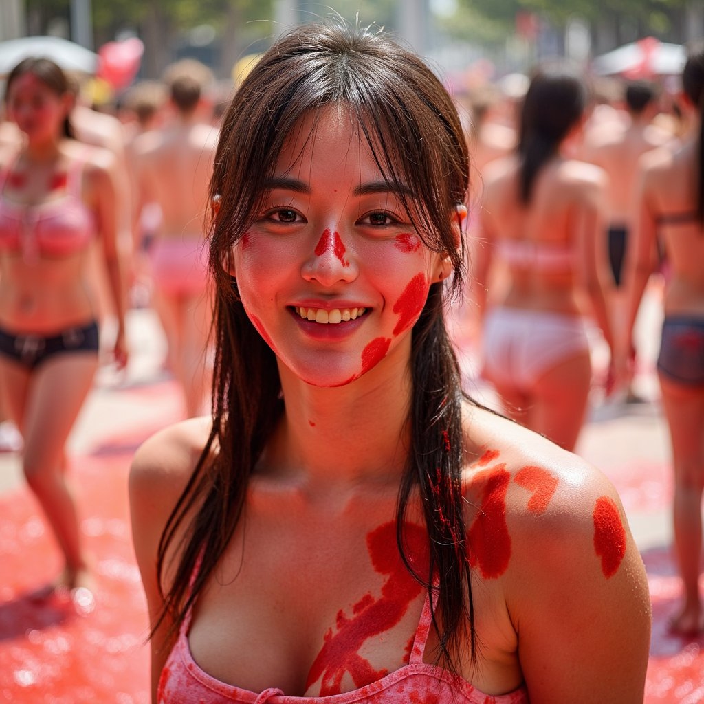 Candid headshot of a young festival-goer surrounded by flying tomato pieces, red juice mist in the air, wet hair slicked back, captured mid-chaos