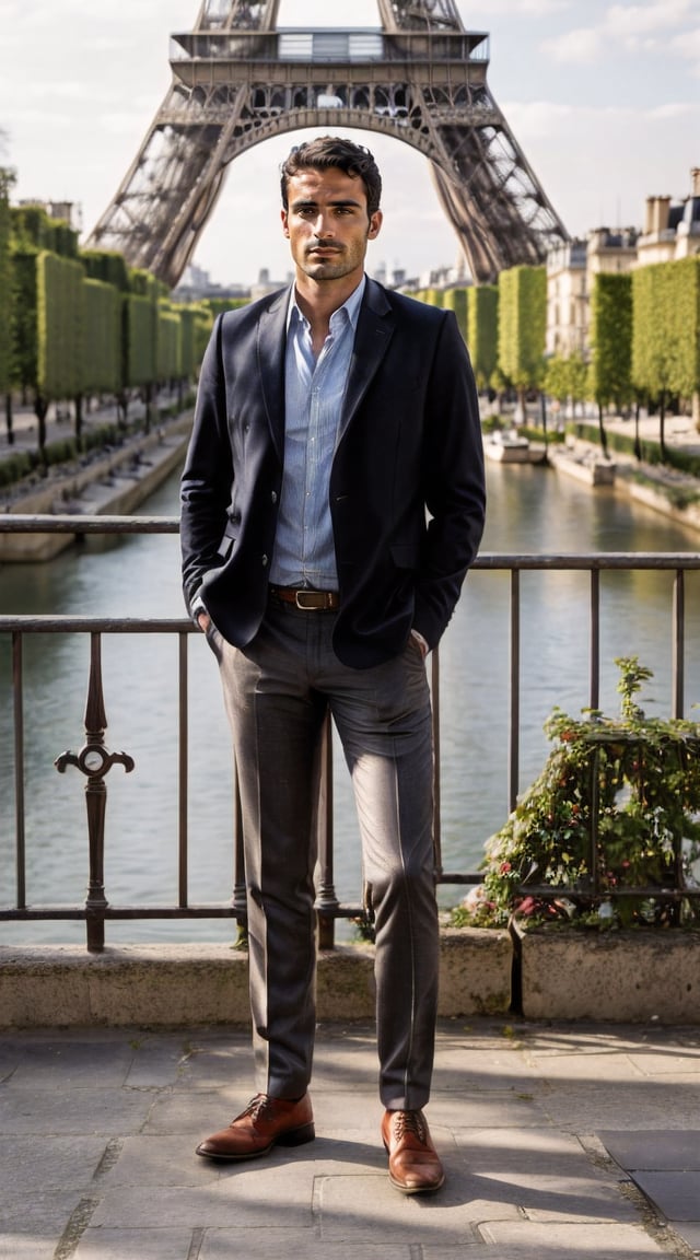 Stylish man, romantic Paris glow, soft-focus cityscape.