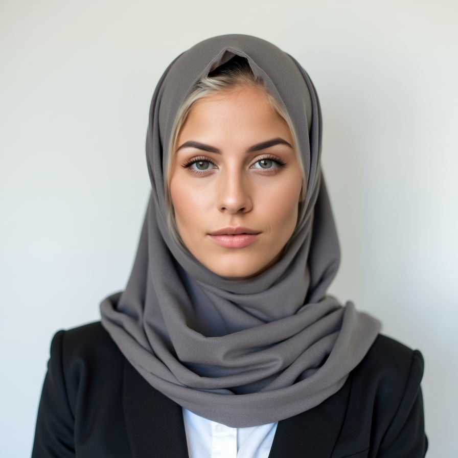 A passport-size photo of a person wearing religious attire, such as a hijab, turban, or skullcap. The background is plain white, and the attire does not cover the face. The lighting is even, with no shadows, and the individual maintains a neutral expression