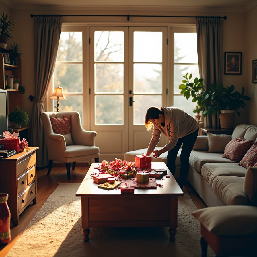 A softly lit living room in the early morning, remnants of yesterday’s festivities scattered across a coffee table—ribbons, gift wrap, and a stray ornament. A person gently tidies, folding colorful paper and returning furniture to its usual arrangement, while subtle holiday accents still grace the scene.