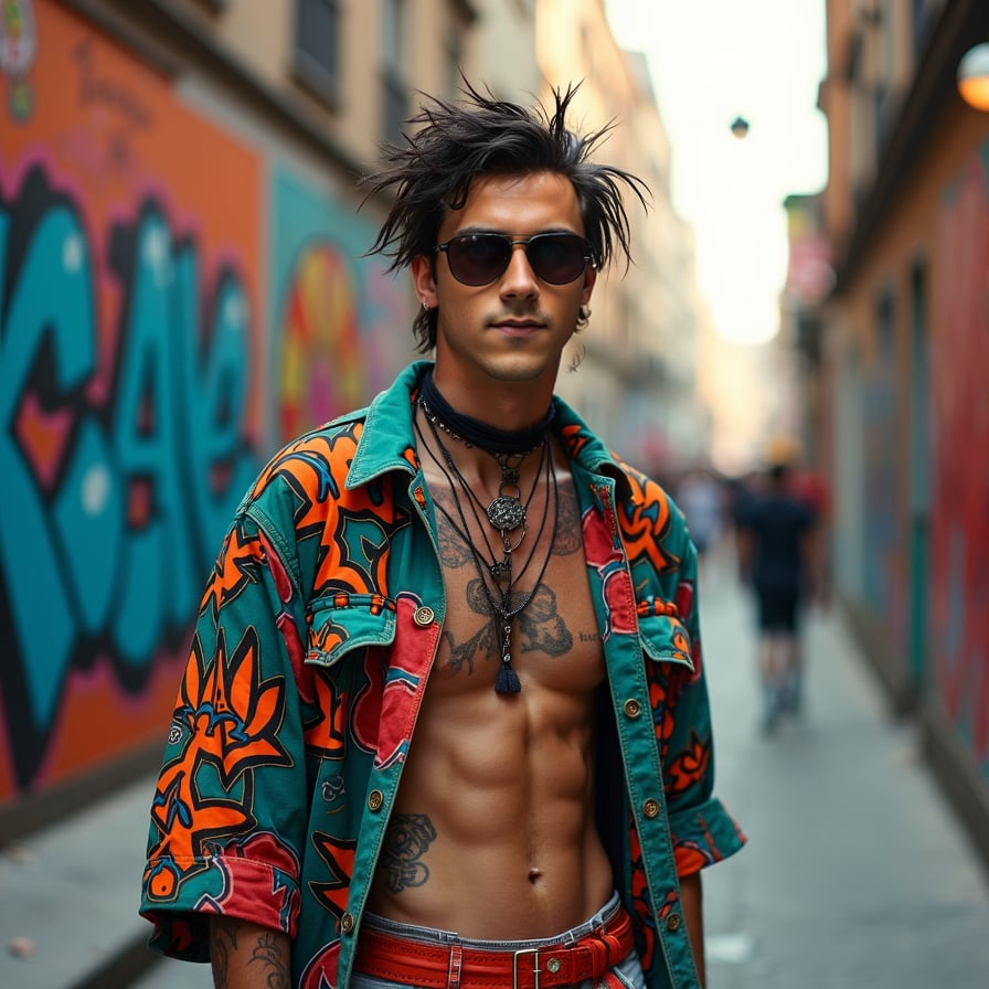 man in vibrant, eclectic dress with bold patterns and bright colors, confidently walking down a lively street lined with bright street art, surrounded by urban chic architecture, under the warm glow of natural light.