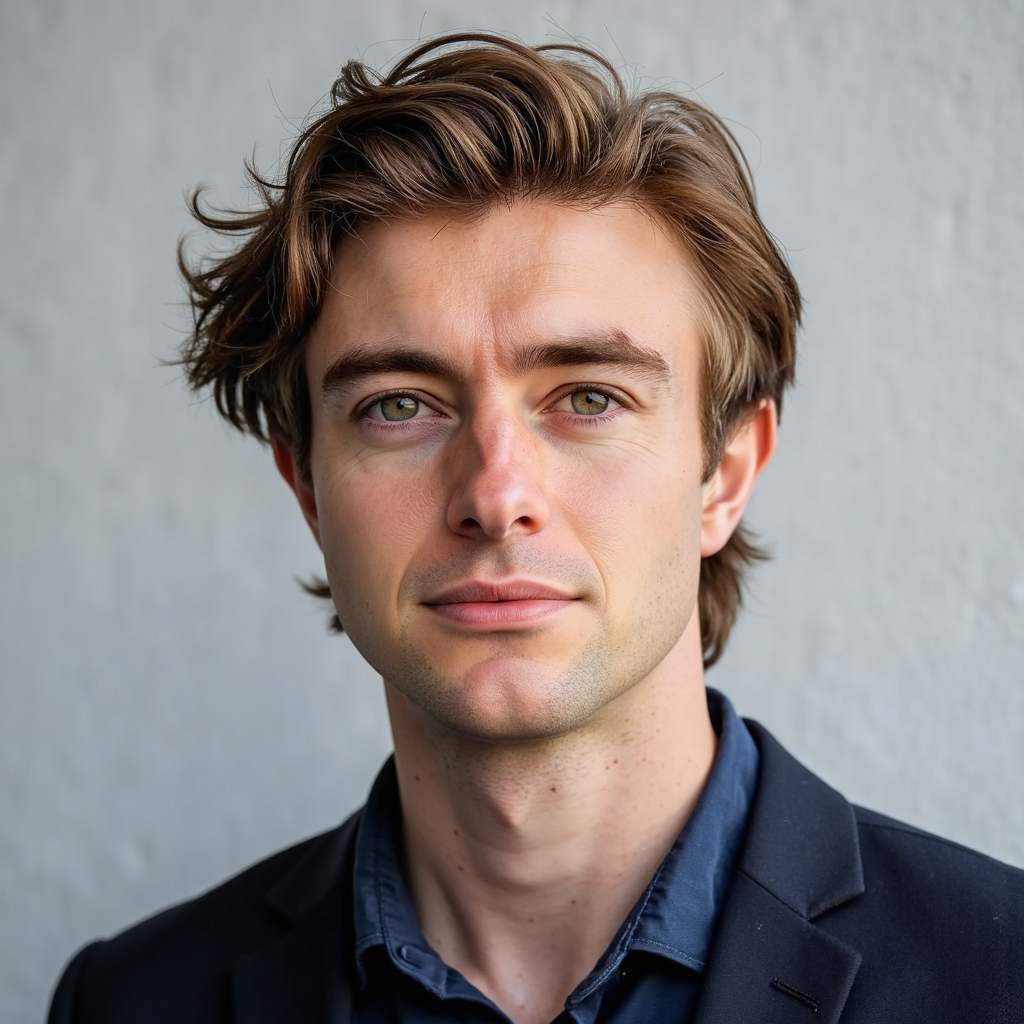 A highly realistic, highly detailed HDR passport photo of a man in his late 20s.
