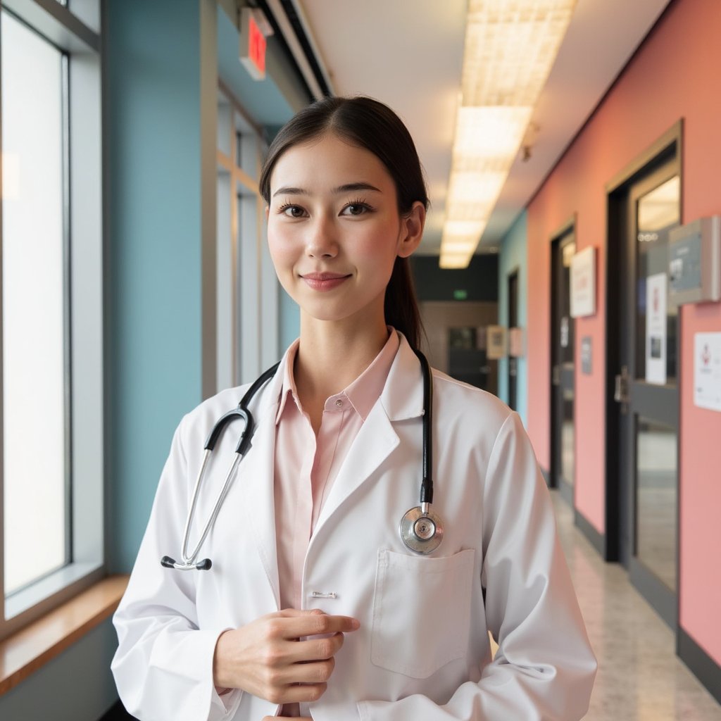 Highly detailed, highly realistic HDR portrait of a woman doctor in pristine white cotton lab coat over pale pink blouse; stethoscope draped around neck; hair in neat ponytail. Camera: 70mm lens, f/2.5, ISO 400, chest-up, eye-level framing. Lighting: daylight from large window as soft key, subtle fluorescent fill from ceiling; faint shadow under jaw. Pose: standing with hands gently clasped at midsection, calm confident smile. Background: softly blurred corridor with pastel walls and signage, minimal clutter.
