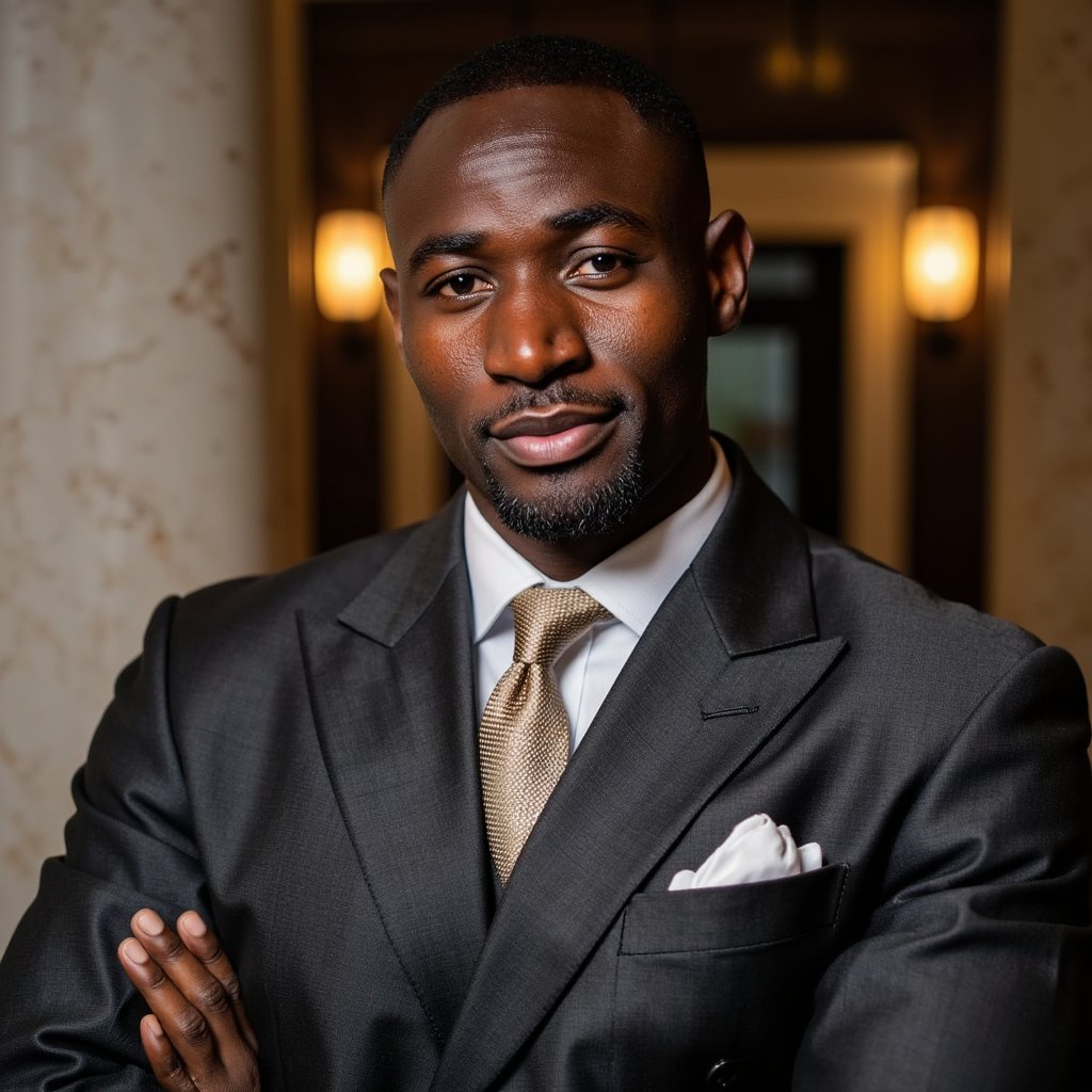 Highly detailed, highly realistic HDR portrait of a man banker in a tailored charcoal three-piece suit with satin lapel, silk tie, polished leather shoes; neatly combed hair with side part. Camera: 135mm lens, f/2.8, ISO 400, shoulder-up compression shot for dramatic bokeh. Lighting: warm tungsten practicals as back glow, soft key from camera left; shadow contours cheek and nose. Pose: arms crossed in front of chest, confident but approachable smile. Background: blurred grand marble interior with tall pillars and soft lamps, minimal clutter