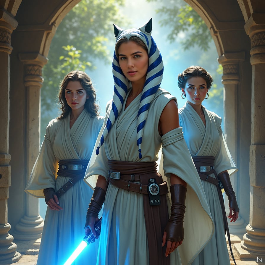 The glowing, ethereal forms of iconic female Jedi like Ahsoka Tano, Rey, and Leia as a Jedi face the camera, their expressions serene and wise. Their blue glow stands out against a peaceful forest or temple setting, symbolizing the enduring spirit of the Force.