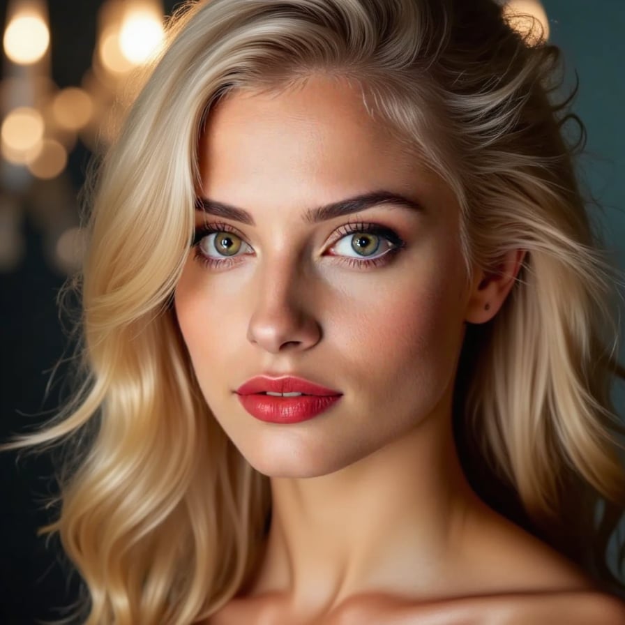In the foreground, a woman's lips and nails are in sharp focus, painted a vibrant, bold red. The light is soft and diffused, creating a gentle halo around her features. The background is subtly blurred, with a soft out-of-focus glow.  

