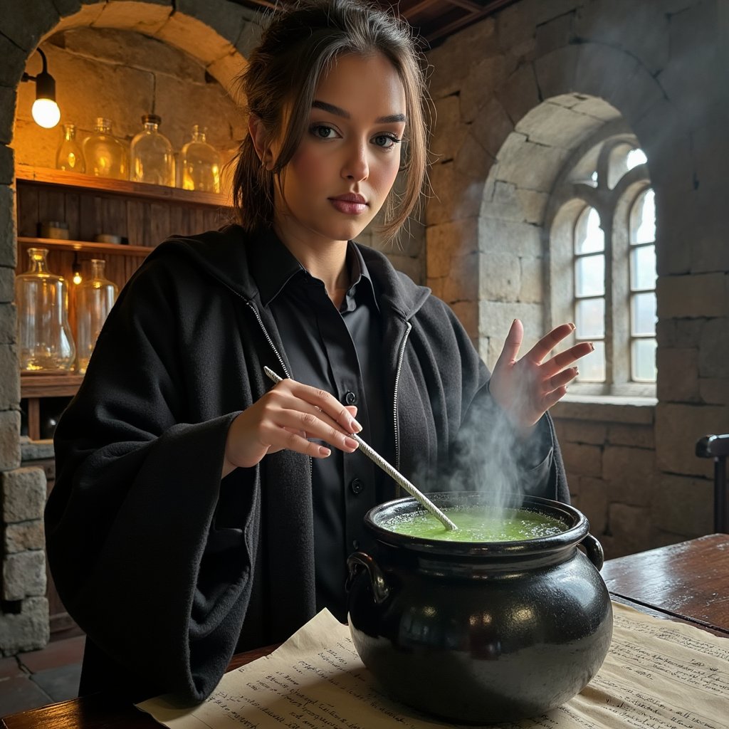 Highly realistic, ultra-detailed HDR macro shot of a 16-year-old female Hogwarts student’s hands with light beige skin tone, faint ink smudges near the nails, and clean, short-cut fingernails with natural gloss, delicately holding a brushed pewter stirrer inside a dented black cauldron. Robe sleeve in thick matte wool with deep folds, lined in black satin, cuff fastened with three matte buttons (stitching visible). Steam rises from the potion — a shimmering green liquid with tiny bubble details — curling upward and catching the warm amber light. Pose: both hands steady, wrists angled toward camera, stirrer mid-swirl. Camera: Canon EOS R5, 100mm f/4 macro lens, aperture f/4, camera at table height for straight-on detail shot. Lighting: warm oil lamp key light (2800K) from front left, creating soft glow on skin and metallic sheen on stirrer; subtle bounce fill from parchment sheets on table softens shadows; faint cool rim from a high arched window behind for depth. Background: blurred stone workbench with glass jars faintly visible, handwritten potion labels barely legible, minimal clutter.