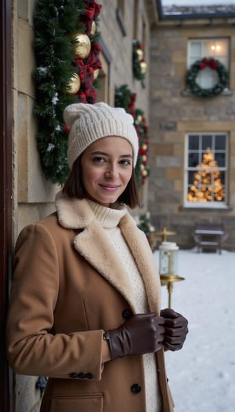 winter headshot of a woman standing outside a grand country manor on a snowy ralph lauren christmas evening. she wears a camel wool coat with a plush faux-fur collar, a cream cable-knit turtleneck, and leather gloves, snowflakes resting lightly on her shoulders. her hair peeks out from under a knitted beanie, cheeks naturally flushed from the cold, lips a soft berry tone. she smiles gently, hands gathered near her collar for warmth. in the softly blurred background, the stone manor is decorated with wreaths and glowing window light, a trimmed christmas tree visible through the glass, snow falling in the air. cool daylight mixed with warm window glow, crisp yet soft focus, high resolution, hdr, highly detailed, photorealistic.