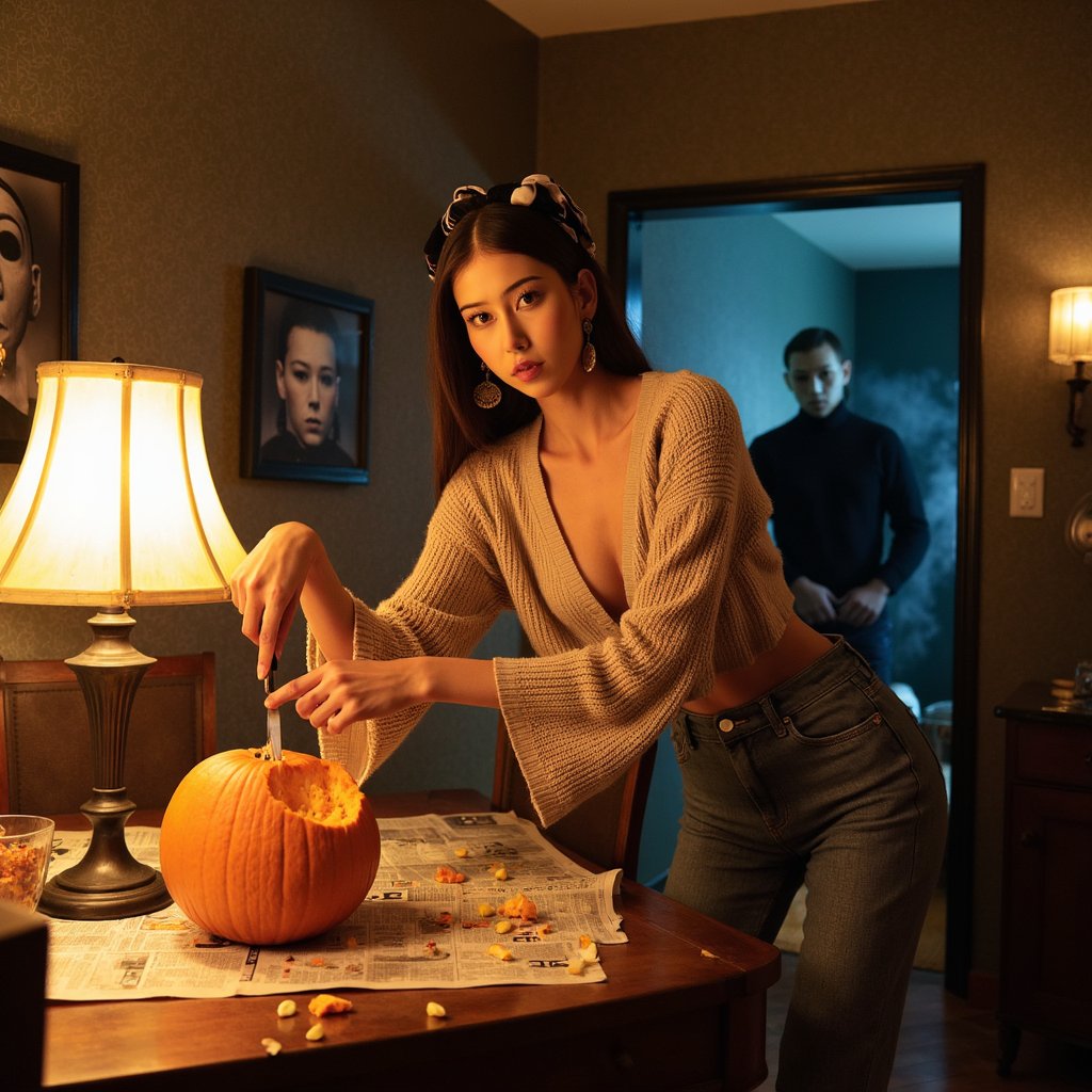 A woman stands at a retro-style wooden kitchen table, carving into a pumpkin with a small knife. She wears a cropped knit cardigan with bell sleeves and flared jeans, styled with hoop earrings and a silk scarf in her hair. Her makeup is simple yet sharp with glossy lips. Pumpkin guts and seeds spill onto newspaper spread across the table. The dim amber kitchen lamp casts heavy shadows across the room. In the doorway behind her, Michael Myers can be seen, his pale mask barely lit against the dark hallway.