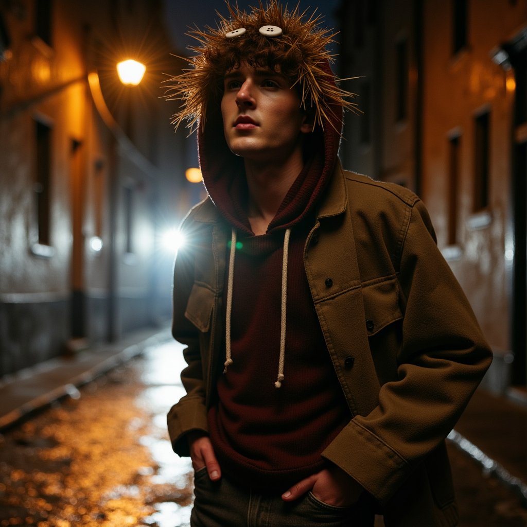 Full-body shot from a ground-level low angle, 24 mm lens, f/2.8, ISO 1600, 1/60 s. Scene lit by a single sodium-vapor streetlamp overhead and slightly behind, casting long shadows toward the camera and giving a warm-orange halo to straw tufts sticking from his cuffs and collar. Burlap shirt’s coarse weave is sharp in the lit areas, the rest receding into shadow. Patched corduroy trousers absorb light, showing faint texture under the dim glow. Hood’s mismatched button eyes catch a pinpoint glint from the lamp. Background: wet cobblestone alley reflecting streaks of light, faint mist in the air. Depth of field medium — boots and hood in focus, far end of alley softly blurred. Highly detailed, highly realistic, HDR.