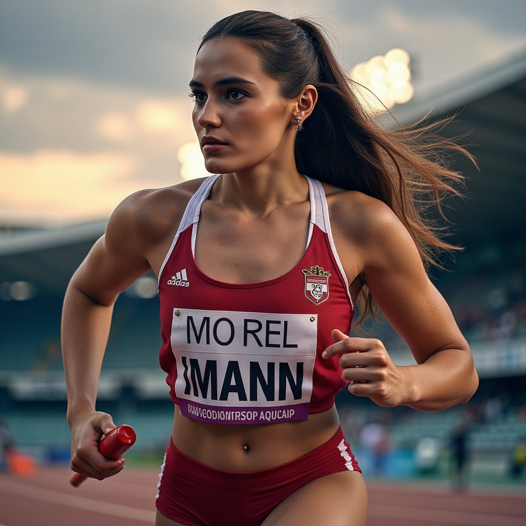 Headshot of a relay runner gripping a baton mid-hand-off, intense focus, motion blur behind, sharp side lighting — energy of World Athletics Championship captured